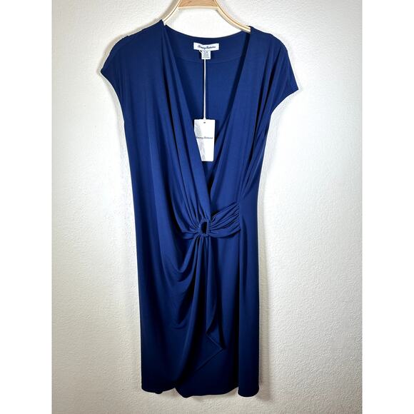 Tommy Bahama Carmela Dress Women’s Large Navy NWT Crossover Front Midi - Picture 1 of 9